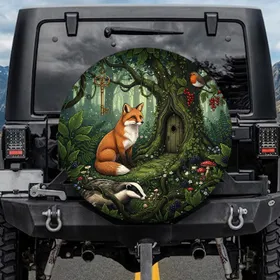 Curious Fox Badger Golden Key Door Woodland Scene - Wildlife Home Decor Gift Spare Tire Cover