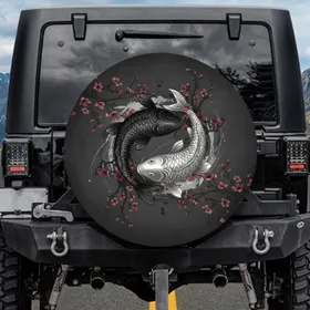 Dark Gray Silver Koi Fish Yin Yang Cherry Blossom Branches - Nature Lover Gift Spare Tire Cover