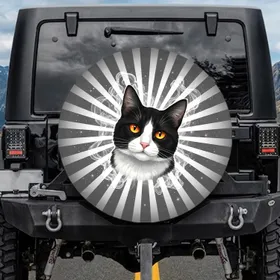 Black Tuxedo Cat Curious Gaze - Cat Lover Vehicle Decor Gift Spare Tire Cover
