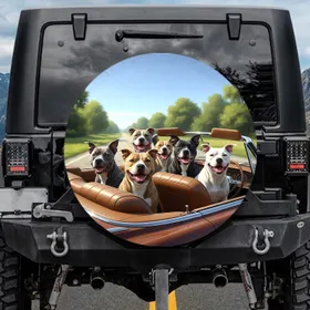 Pit Bulls Classic Car Countryside Scene - Dog Lover Travel Gift Spare Tire Cover