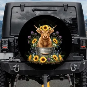 Baby Highland Cow Sunflowers Galvanized Bucket - Farmhouse Home Decor Gift for Cow Lover Spare Tire Cover