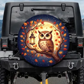 Cartoon Owl Full Moon Lantern - Autumn Woodland Decor Spare Tire Cover