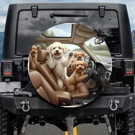 Excited Poodle-Mix Dogs Driving Car - Road Trip Lover Gift Spare Tire Cover
