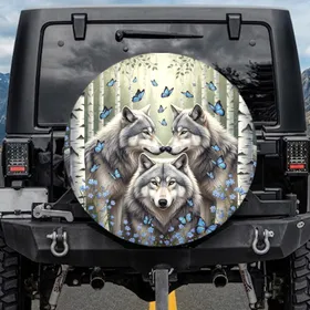 Majestic Wolves Nuzzling Blue Butterflies Birch Forest Blue Flowers - Wildlife Lover Gift Spare Tire Cover