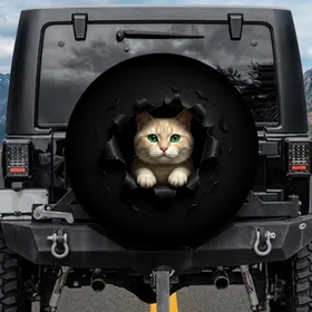Curious Cream Cat Emerald Eye Emerging From Rip - Cat Lover Gift Spare Tire Cover