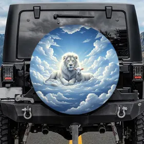 White Maned Lion Gentle Lamb Fluffy Clouds Azure Sky - Gift for Animal Lovers Spare Tire Cover