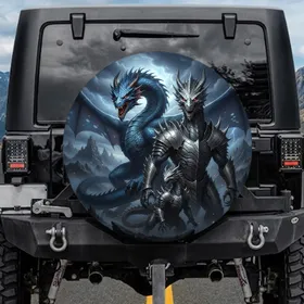 Menacing Armored Azure Silver Dragon Fantasy Storm - Dragon Fan Gift Spare Tire Cover