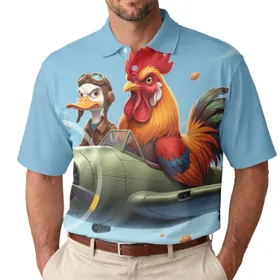 Realistic Rooster Piloting Vintage Airplane Duck Co-Pilot - Aviator Enthusiast Gift Men's Polo Shirt