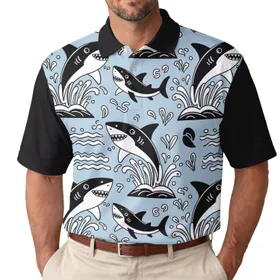 Cartoon Sharks Leaping Splashes Ocean Waves - Summer Beach Holiday Gift for Water Lover Men's Polo Shirt