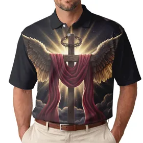 Weathered Cross Angelic Wings Thorny Crown - Inspirational Faith Gift Men's Polo Shirt