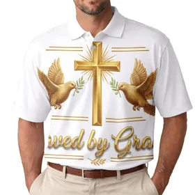 Golden Cross Doves Olive Branch Saved by Grace - Faith Gift for Believer Men's Polo Shirt