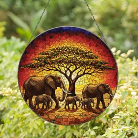 Majestic African Elephants Herd Sunlit Savanna Sunset Acacia Tree - Wildlife Lover Home Decor Gift Stained Glass Suncatcher