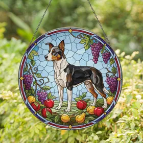 Tricolor Dog Grapes Apples Citrus Fruit - Home Decor Gift for Dog Lover Stained Glass Suncatcher