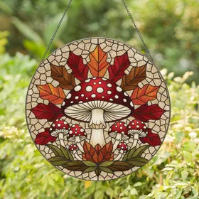 Amanita Mushroom Red Cap White Spots Autumn Leaves - Home Decor Gift for Mushroom Lover Stained Glass Suncatcher