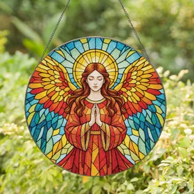 Shimmering Celestial Praying Angel Halo Wings Geometric Mosaic - Home Decor Gift Stained Glass Suncatcher