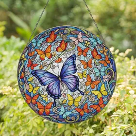 Vibrant Butterfly Cluster Leaf Floral Mosaic - Home Decor Gift for Butterfly Lovers Stained Glass Suncatcher