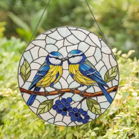 Blue Tits Bird Pair Berries Branch - Wildlife Home Decor Gift for Bird Lovers Stained Glass Suncatcher