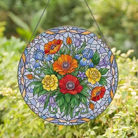 Poppies Blossoming Flowers Stained Glass Mosaic - Home Decor Gift for Garden Lover Stained Glass Suncatcher