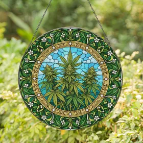 Three Cannabis Plants Buds Circular Border Cloudy Sky - Home Decor Gift for Plant Lover Stained Glass Suncatcher