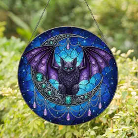 Gothic Bat Skull Wing Jeweled Crescent Moon Cosmic Nebula - Home Decor Gift for Bat Lovers Stained Glass Suncatcher