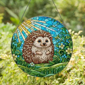 Hedgehog Blue Berries Green Leaves Golden Sunlight - Wildlife Lover Home Decor Gift Stained Glass Suncatcher