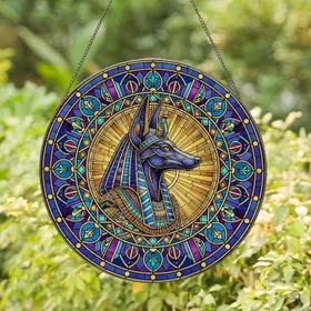 Egyptian God Anubis Portrait Nemes Headdress - Home Decor Gift for Mythology Lover Stained Glass Suncatcher
