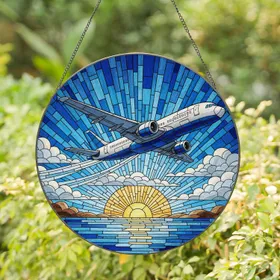Soaring Blue White Airplane Tiffany Glass - Home Decor Gift for Travel Lover Stained Glass Suncatcher