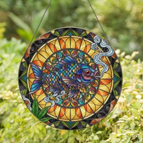 Vibrant Fish Red Eye Cannabis Leaf Exhaling Smoke Petals Organic Border - Home Decor Gift Stained Glass Suncatcher