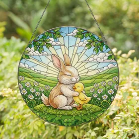 Baby Bunny Duckling Clover Daisy Meadow Spring Home Decor Gift for Nature Lover Stained Glass Suncatcher