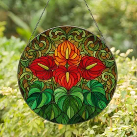 Red Orange Anthurium Flowers with Heart Green Leaves Foliage Mosaic - Home Decor Gift Stained Glass Suncatcher