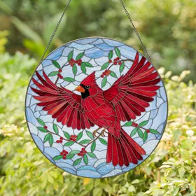 Flying Red Cardinal Winter Foliage Berries - Winter Home Decor Gift for Bird Lovers Stained Glass Suncatcher