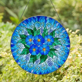 Five-Petal Blue Flowers Green Leaves Berry Buds - Home Decor Gift for Garden Lover Stained Glass Suncatcher