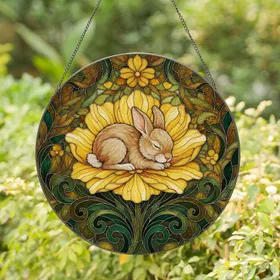Fluffy Sleeping Curled Up Baby Bunny Golden Yellow Flower - Home Decor Gift for Bunny Lover Stained Glass Suncatcher