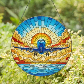Blue Commercial Jet Airplane Ascending Sunburst Clouds Water Mosaic - Aviation Lover Gift Stained Glass Suncatcher