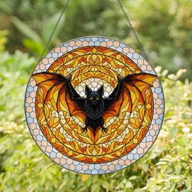 Fierce Black Bat Orange Eye Mosaic - Home Decor Gift for Wildlife Lover Stained Glass Suncatcher
