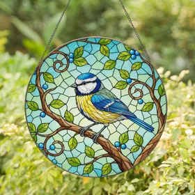 Blue Tit Bird Perched Branch Lush Leaves Blue Berries - Wildlife Lover Home Decor Gift Stained Glass Suncatcher