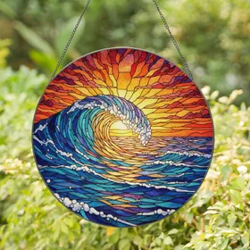 Ocean Wave Breaking Sunset Horizon Seascape Mosaic - Home Decor Gift for Ocean Lover Stained Glass Suncatcher