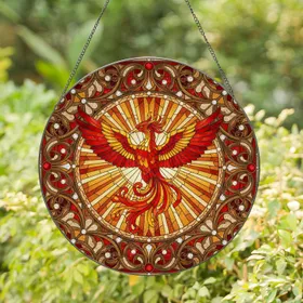 Majestic Phoenix Fiery Golden Ruby Cabochon Filigree Scrollwork Mosaic - Home Decor Gift Stained Glass Suncatcher