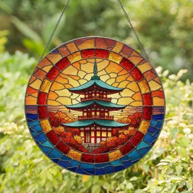 Teal Roof Japanese Pagoda Autumn Foliage Ocean Sunset - Home Decor Gift for Travelers Stained Glass Suncatcher