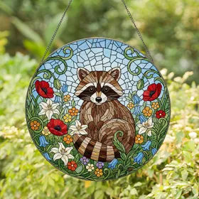 Bushy Tail Raccoon Wildflower Floral Mosaic - Wildlife Lover Home Decor Gift Stained Glass Suncatcher
