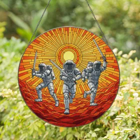 Three Astronauts Running Silver Swords Red Alien Landscape - Home Decor Gift Stained Glass Suncatcher