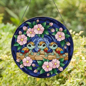 Baby Turtles Pink Blossoms Indigo Mosaic - Home Decor Gift for Turtle Lovers Stained Glass Suncatcher