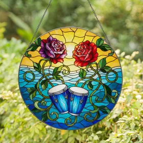 Translucent Sunset Roses Bongo Drums Mosaic Landscape - Home Decor Music Lover Gift Stained Glass Suncatcher
