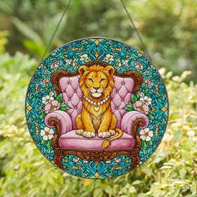 Lion Cub Pearl Necklace Armchair - Home Decor Gift for Animal Lover Stained Glass Suncatcher