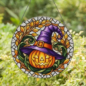 Purple Witch Hat Jack O Lantern Autumnal - Halloween Decor Gift Stained Glass Suncatcher