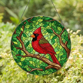 Northern Cardinal Crest Face Mask Beak Branch Foliage - Wildlife Lover Home Decor Gift Stained Glass Suncatcher