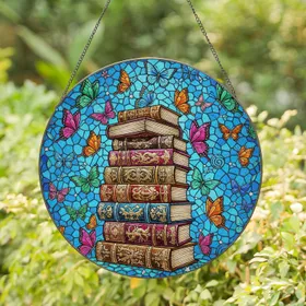 Ornate Stacked Books Colorful Butterflies - Home Decor Gift for Book Lovers Stained Glass Suncatcher