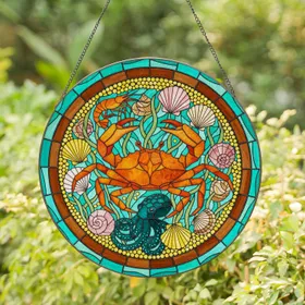Crab Seashell Octopus Aquatic Mosaic - Ocean Home Decor Gift for Sea Life Fan Stained Glass Suncatcher