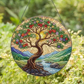 Grand Blossoming Tree Multi Colored Flowers Luminous Sun River Mountains - Home Decor Gift Stained Glass Suncatcher