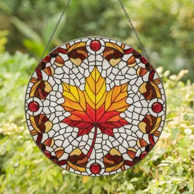 Autumn Maple Leaf Ruby Red Cabochons Stained Glass Mosaic - Fall Seasonal Home Decor Gift Stained Glass Suncatcher